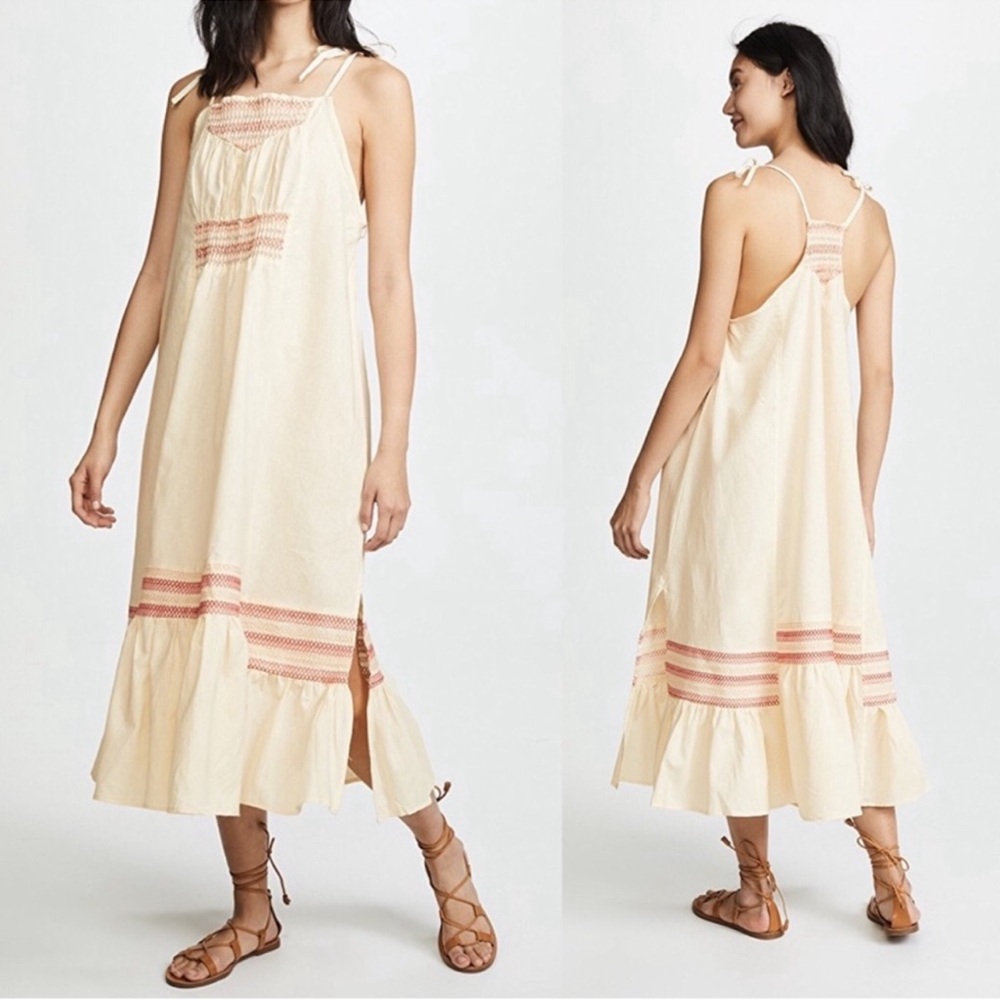 FREE PEOPLE Size M "Another Love" Smocked Midi Dress Embroidered Cream Linen